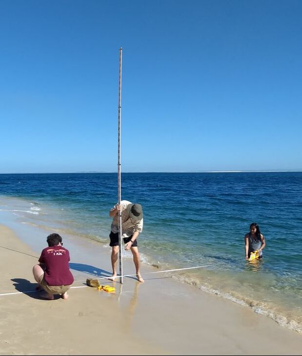 Engineering students use surveying equipment on a beach